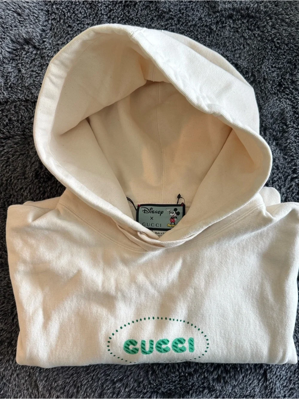 Gucci Cream Hoodie with Green Disney Graphic